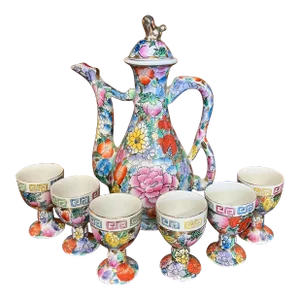 Mid 20th Century Arabic Floral Chinese Mille Fleur Wine Set- 7 Pieces