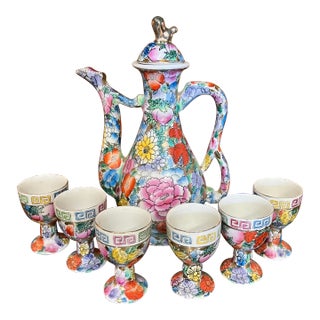 Mid 20th Century Floral Chinese Mille Fleur Wine Set- 7 Pieces For Sale