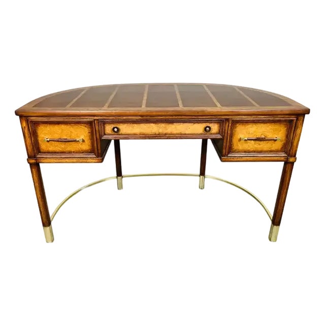 Vintage Regency Henredon Style Walnut, Burlwood and Brass Demilune Writing Desk For Sale
