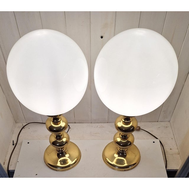 1970s Vintage Brass Table Lamps with White Glass Shades, 1970s, Set of 2 For Sale - Image 5 of 7
