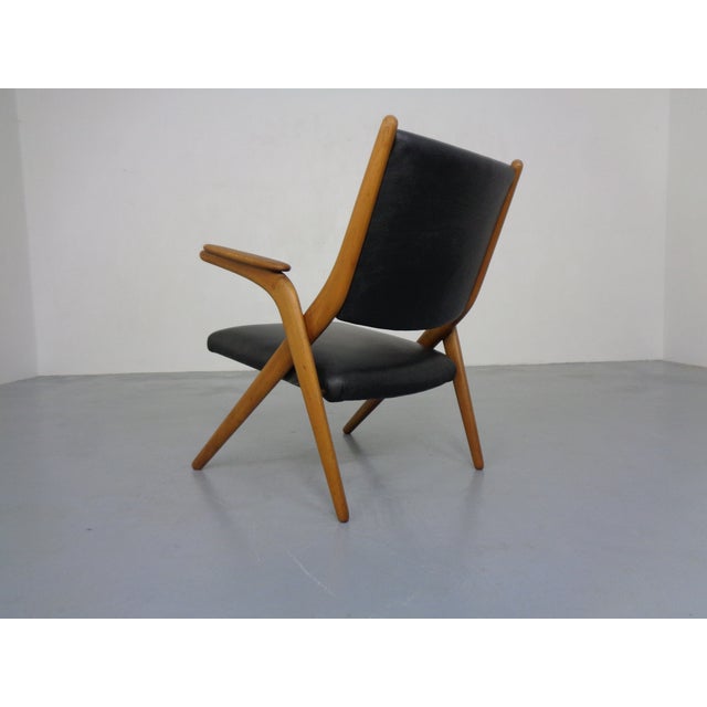 Black Boomerang Chair in Beech & Leather by Louis Van Teeffelen for Wébé Furniture, Netherlands, 1960s For Sale - Image 8 of 18
