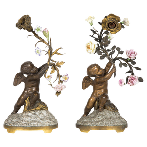 19th Century Table Lamps in Patinated Bronze, Porcelain and Granite, Set of 2