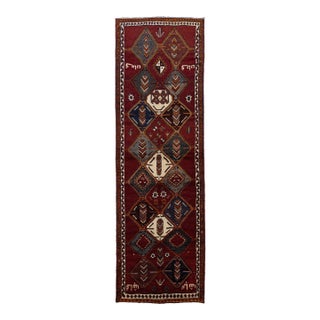 Vintage Hand-Knotted Hamadan Long Runner Rug With Inscriptions & Tribal Geometric Diamonds For Sale