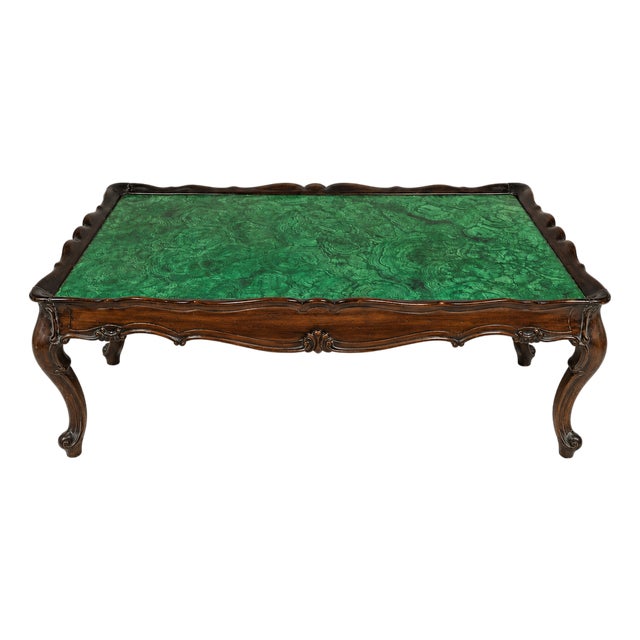 1960s Hollywood Regency Italian Rococo Style Faux Malachite Coffee Table For Sale