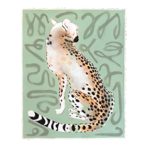 Spotted in a Crowd - Wild Cat Portrait Mixed Media Sage Green Painting on Paper Original Artwork by Kellie Newsome