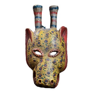 Vintage Hand Carved Folk Art Polychrome Spotted Jaguar Mask For Sale