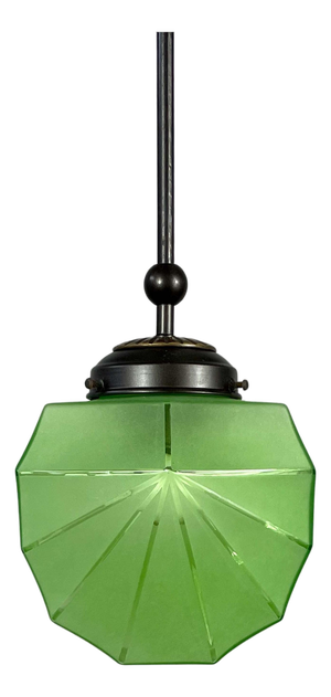 Swedish Green Uranium Glass and Burnished Brass Pendant from Böhlmarks, 1930s