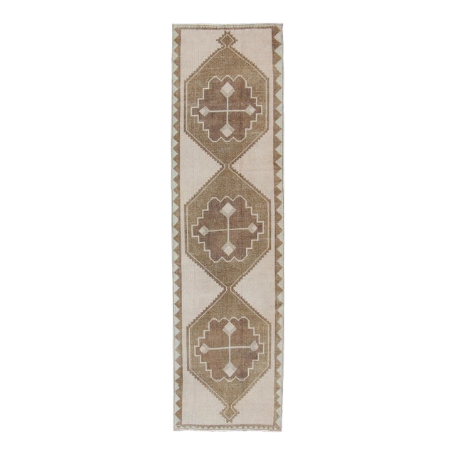 Vintage Turkish Oushak Gallery Runner in Soft Beige and Taupe 3'8 X 13'4 For Sale