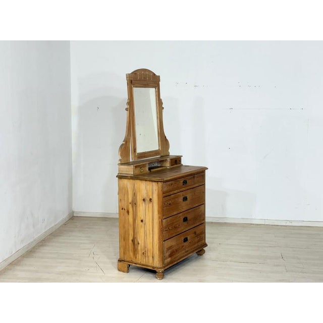 Metal Antique Biedermeier Pine Brass Dressing Table with Mirror Attachment, 1900 For Sale - Image 7 of 10