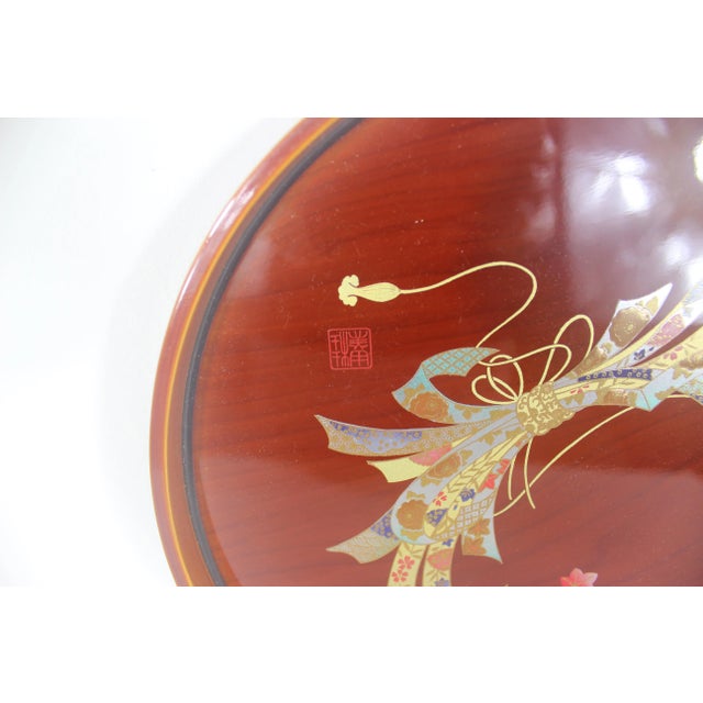 Vintage Japanese Lacquered Wood Tray Round Gold Detail Signed For Sale - Image 9 of 12