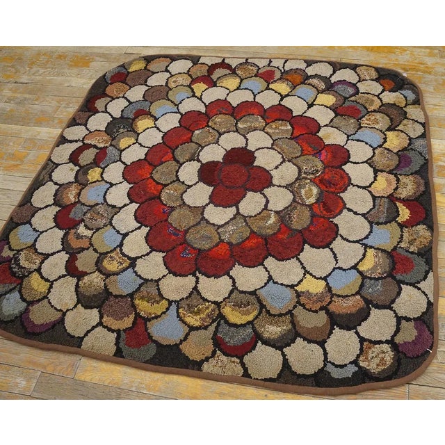 American 1940s Multi Floral Folk Art Penny Antique American Hooked Rug 4' 0''x4' 0'' Woven Wool Carpet For Sale - Image 3 of 12