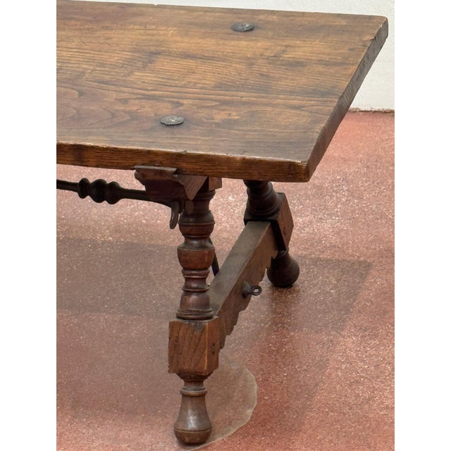 Wood Spanish Castilian Refectory Style Walnut & Wrought Iron Coffee Table, Early 20th For Sale - Image 7 of 14