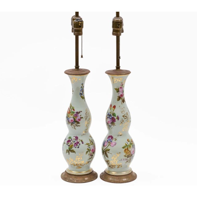 Early 19th Century Tall Antique Louis Philippe French Opaline Glass Table Lamps With Hand Painted Flowers Circa 1835 - A Pair For Sale - Image 5 of 5