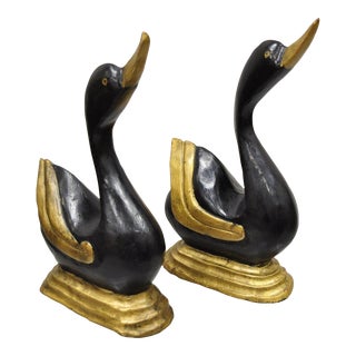 Vintage Carved Wood Art Deco Style 14" Black Gold Duck Goose Figures - a Pair For Sale