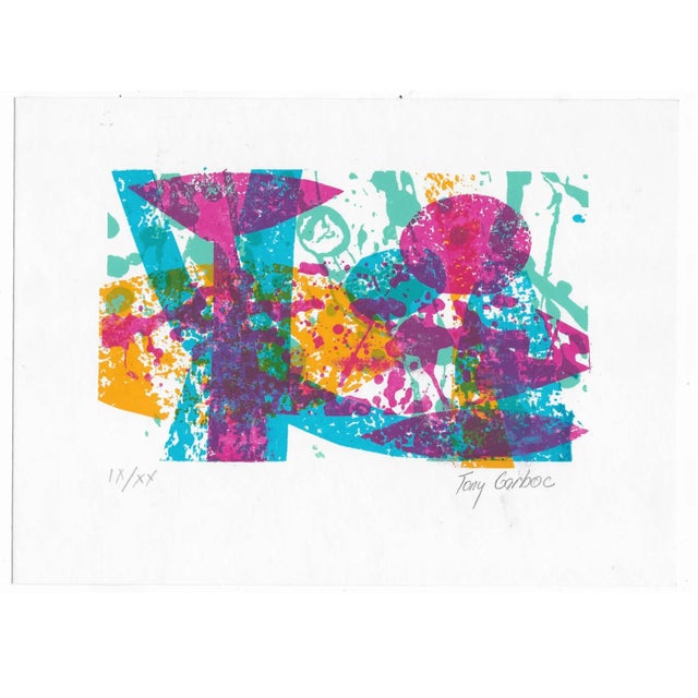 1980s Tony Garboc Abstract colorful screenprint in pink and blue. Pencil signed and numbered from an edition of 20....