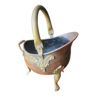 Antique Helmut Coal Scuttle Hand-Raised Seamless Hand Hammered Copper Brass Accents Footed For Sale