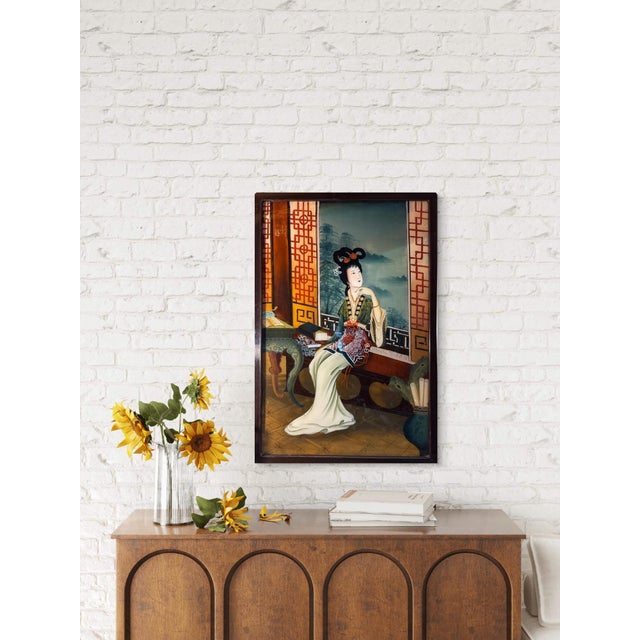Olive Early 20th Century Reverse Glass Japanese Lady Scholar Painting Antique, Framed For Sale - Image 8 of 8