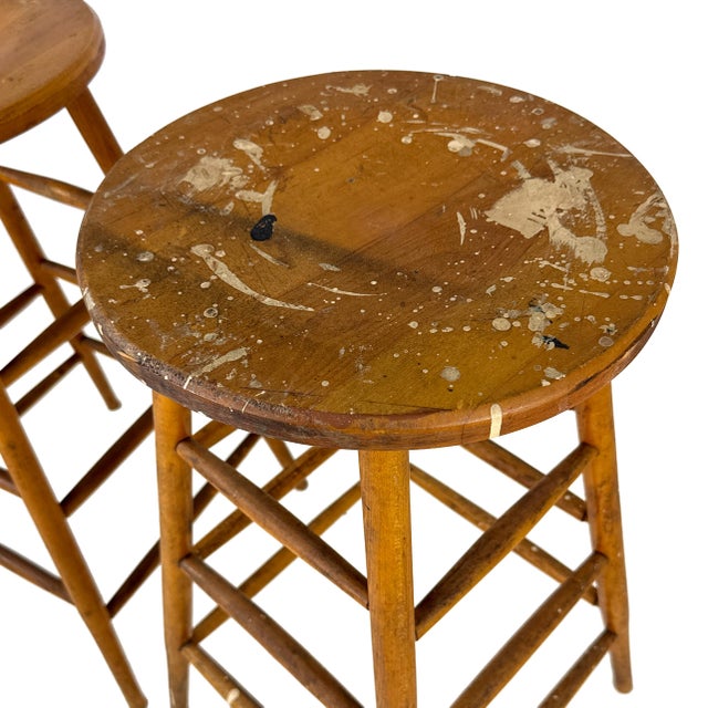 Vintage 1940s Pair of (2) 29.25" Tall Wood Artist Studio Stools For Sale - Image 15 of 18