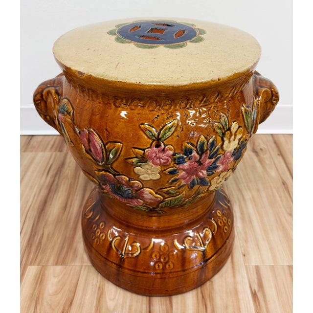 Chinoiserie Vintage Majolica Style Floral Elephant Garden Stool For Sale - Image 3 of 12