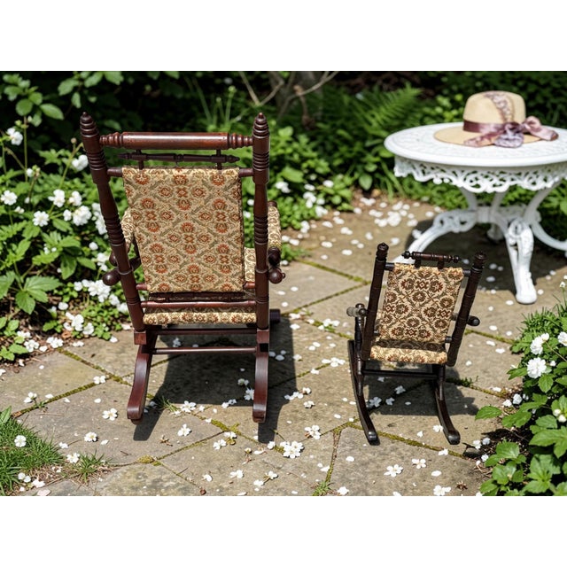 Brown Antique Victorian Mother Child Rocking Chair Set-Spindle Wood-Pair-Nursery-Farm For Sale - Image 8 of 11