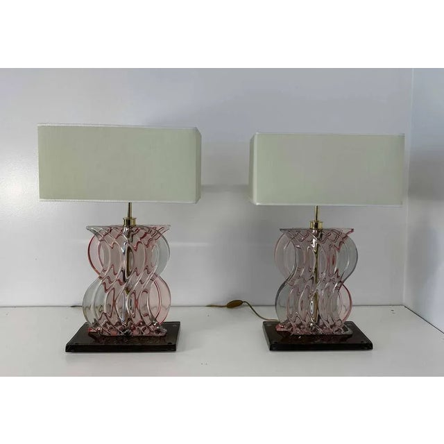 Art Deco Style Pink Murano Glass Table Lamps, 2000s, Set of 2 For Sale - Image 3 of 13
