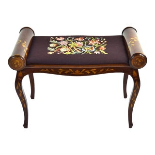Antique Dutch Stool Bench W Marquetry Inlaid Wood Bolster Sides For Sale
