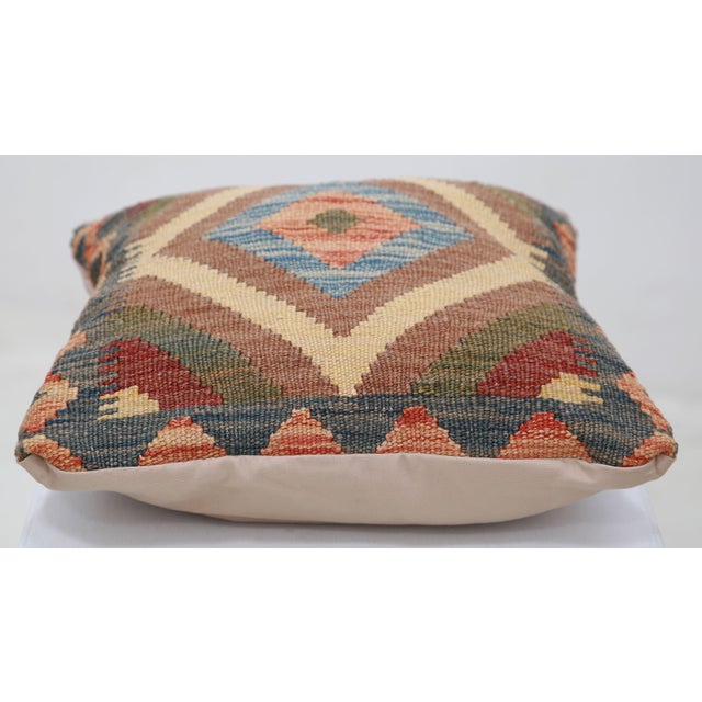 Tribal Arteverk Handwoven Afghan Kilim Pillow — Blue & Red Diamond Medallion For Sale - Image 3 of 3