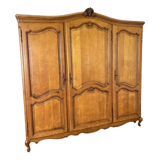 Vintage French Louis XVI Style Carved Oak 3-Door Armoire For Sale
