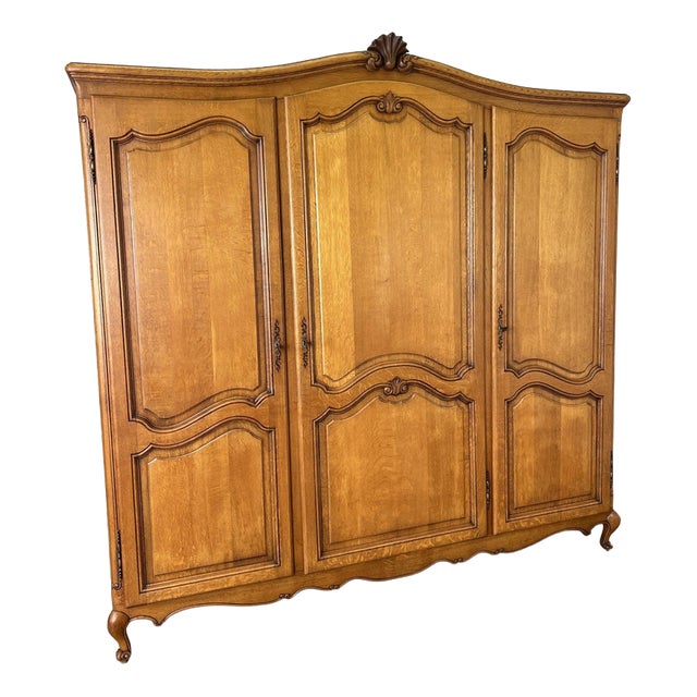 Vintage French Louis XVI Style Carved Oak 3-Door Armoire For Sale
