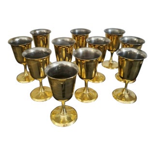 Mid 20th Century Brass Wine Goblets With Silvered Interiors, Set of Nine For Sale