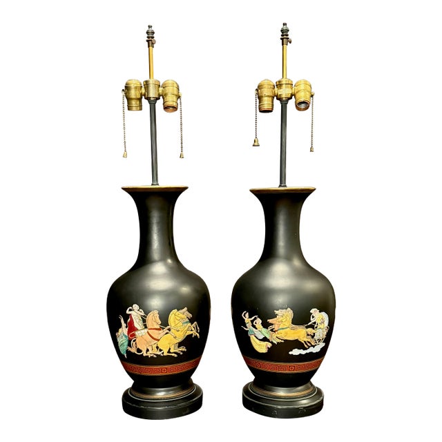 Early 20th Century Pair of French Neoclassical Black-Ground Porcelain Lamps Attributed to Samson For Sale