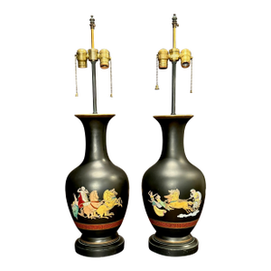 Early 20th Century Pair of French Neoclassical Black-Ground Porcelain Lamps Attributed to Samson