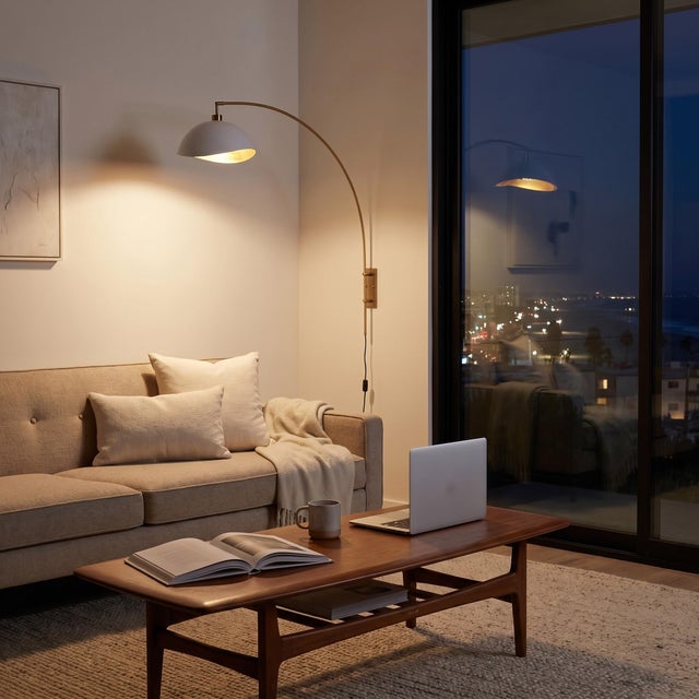 Luna Bella Wall Arc Lamp - Weathered Brass, White/Gold Shade, Dimmable For Sale In Los Angeles - Image 6 of 7