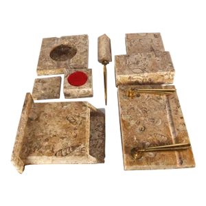 Complete 8-Piece Marble Desk Set With Vase Prehistoric Sea Life Embedded, 1990s