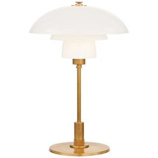 Thomas O'Brien for Visual Comfort Signature Whitman Desk Lamp in Hand-Rubbed Antique Brass with White Glass Shade For Sale