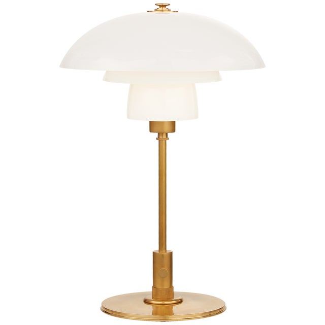 Thomas O'Brien for Visual Comfort Signature Whitman Desk Lamp in Hand-Rubbed Antique Brass with White Glass Shade For Sale