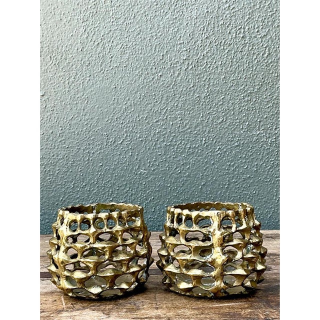 Vintage Brutalist Brass Candle Holders - Pair For Sale In West Palm - Image 6 of 12
