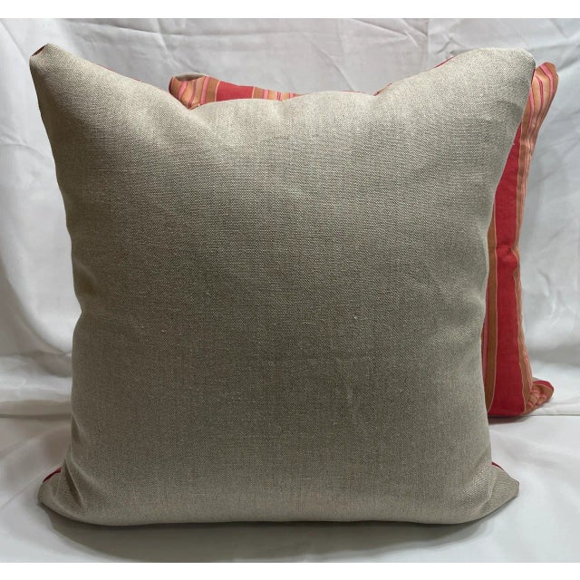 Pair of Pillow Covers Made Out Vintage French Ticking Fabric Fragment Brick Red For Sale - Image 4 of 6