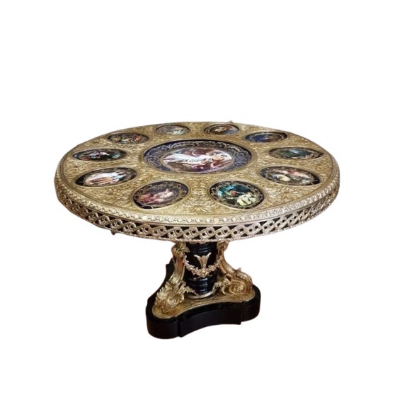 Large Royal Salon Porcelain and Gilt Bronze Round Table Hand-Painted With Classical Motifs For Sale