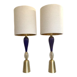 Set of 2 Contemporary Gold and Blue Murano Glass Table Lamp With Shade