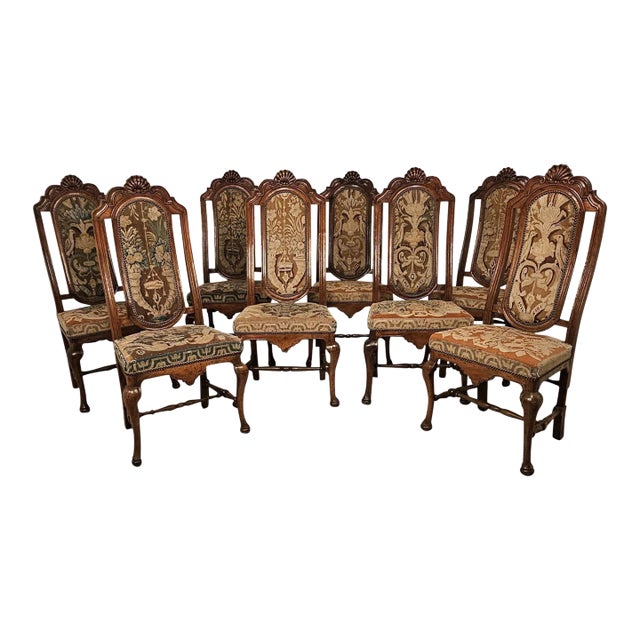 Set of Eight Large Walnut & Tapestry Chairs, Spain, 18th or 19th Century For Sale