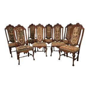 Set of Eight Large Walnut & Tapestry Chairs, Spain, 18th or 19th Century