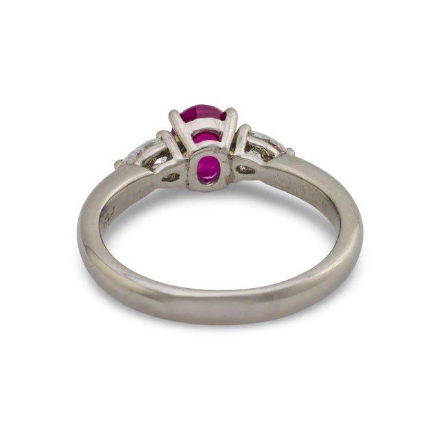 Metal Vintage 0.86 Carat Ruby Diamond Platinum Three Stone Ring, Size 4.75 For Sale - Image 7 of 7