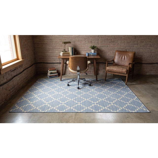 5x8 Blue Flat Weave Wool Stepped Diamond Lattice Geometric Modern Carpet Rug For Sale - Image 9 of 12