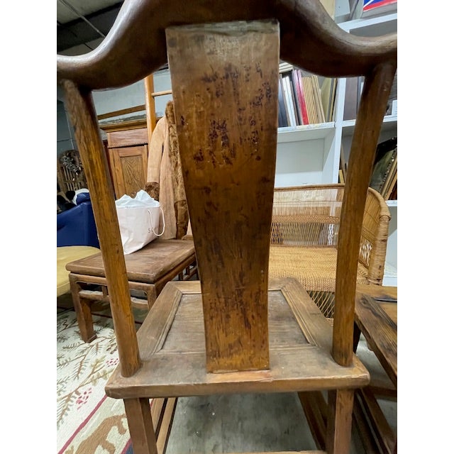 Vintage Pair Asian Elmwood Oriental Wood Yoke Back Dining / Side Chairs For Sale - Image 11 of 18