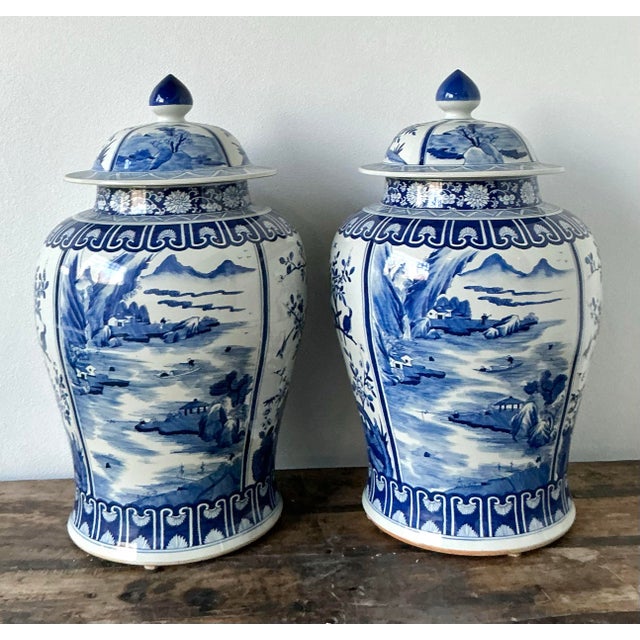 Late 20th Century Vintage Boho Monumental Blue and White Lidded Ginger Jars - A Pair For Sale - Image 5 of 8