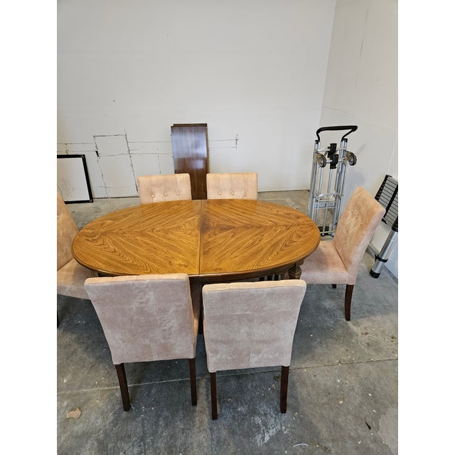 Traditional Vintage Oak Oval Extension Dining Table With 6 Tufted Upholstered Chairs For Sale - Image 3 of 4