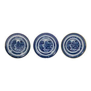 Set of 3 Antique Blue & White Chinese Export Nanking Porcelain Saucers or Plates