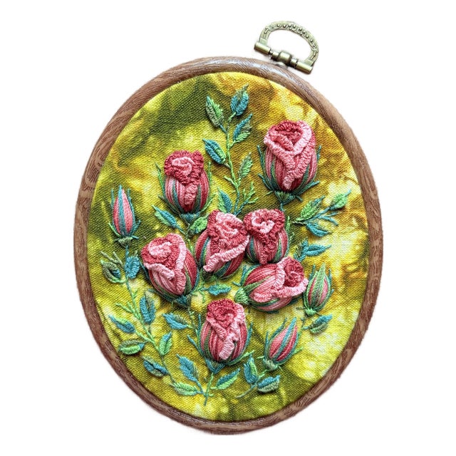3d Rose Stumpwork Embroidery Art, Framed Botanical Sculpture, Handmade Floral Wall Decor For Sale