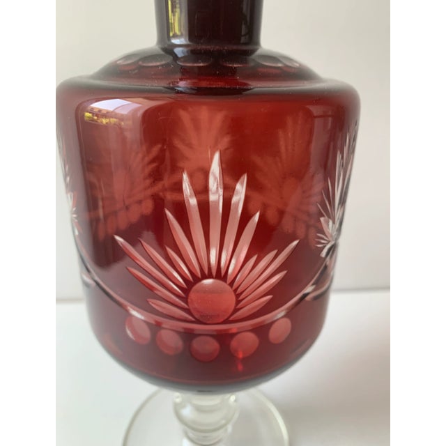 Large Vintage Ruby Red Hand Cut Glass Footed Wine Decanter For Sale In San Diego - Image 6 of 7